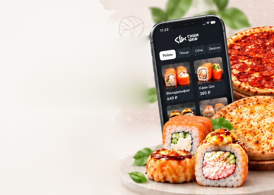 Приложение «Суши Шеф» на смартфоне, роллы и пиццы